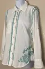 NWT Subtle Luxury Boyfriend Shirt Women's S/M White Teal Embroidered Roll Tab