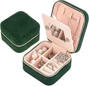 [Lehuan] Velvet Mini Jewellery Box, Portable Jewellery Travel Organizer Case, Small Jewellery Box Trays Display Storage Holder Case with Mirror (Green)