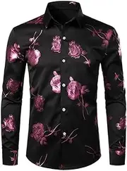 [Generic] Men's Shiny Golden 3D Rose Printed Slim Fit Button Down Party Dress Shirt