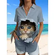 Women's Shirt Graphic Animal Cat Vintage Tropical Daily Sleeveless Short Sleeve Shirt Collar Regular Tops Daily Black And White Black White Dusty Blue Green Su