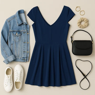 Hollister NWT Fit & Flare Mini Dress Sz L Navy Stretch V-Neck/V-Back Cap Sleeve