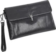 [WIOEERS] Plant-tanned Cowhide Men's Clutch Bag, Leather Wrist Strap Clutch Bag, Black Zipper Casual Clutch Bag.