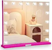 Monika Hollywood Makeup Mirror 60 * 52cm Vanity Mirrors, Tabletop or Wall Mounted Pink Makeup Mirror, 15 LED Bulbs Frameless Rectangle with 3 Colours Lights Dimable, USB Port, Smart Touch Control