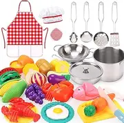 Qizebaby Kids Kitchen Pretend Play Toy Set with Stainless Steel Cookware, Cooking Utensils, Apron & Chef Hat, Cutting Fruits & Vegetables, Preschool Kitchen Play for Toddler Boys & Girls