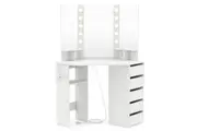 Giantex Corner Vanity Desk Makeup Vanity Table w/Power Outlets 3-Color LED Lighted Dressing Table White