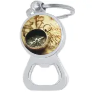 Old Compass and Map Bottle Opener Keychain - Metal Beer Bar Tool Key Ring
