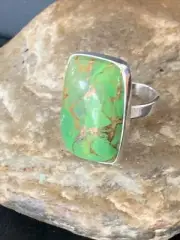 Green Mohave Turquoise Navajo Sterling Silver Ring Size 8 Adjustable 11790
