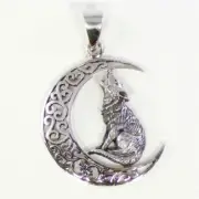 925 Sterling Silver Crescent Moon and Howling Wolf Pendant w/ Silver Chain