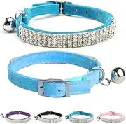 BINGPET Adjustable Cat Collar Soft Velvet Safe Collars Bling Diamante with Bells, Blue
