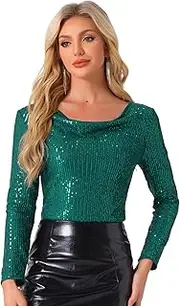 [Allegra K] Women's Sequin Glitter Tops Cowl Neck Long Sleeve Sparkle Clubwear Blouse