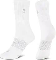 [hipSwan] Pilates Socks Crew Length For Reformer, Non Slip Silicone Grips, White Medium Fits UK Shoe Size 7-9.5, Organic Combed Cotton, Anti Slip Crew Midcalf Gripper Long Socks, White, Medium