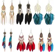 [Jodsen] Bohemian Feather Earrings,6 Pairs Bohemian Faux Feather Earrings Feather Tassel Ethnic Retro Boho Dangle Earring Feather Bohemian Fringe Earrings Tassel Long Drop Dangle Earrings for Women