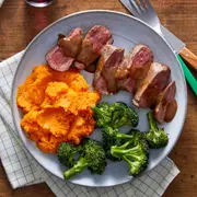 Roasted Beef with Sweet Potato Mash, Blanched Broccolini & Roasted Capsicum