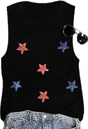[Fiscrat] Women's Patriotic Sequin Star Tank Top American Flag Sleeveless Shirt 4th of July Summer Casual Tops
