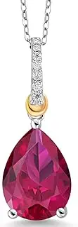 [Gem Stone King] 925 Sterling Silver and 10K Yellow Gold Pear Shape Red Created Ruby and White Moissanite Pendant Necklace For Women (9.68 Cttw, with 18 Inch Chain), Metal Gemstone, Created Ruby and