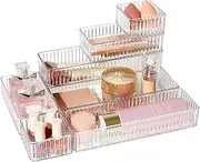 MOTRAIN 7 PCS Clear Drawer Organizers Bins, 4-Size Stackable Makeup and Vanity Drawer Organizer Trays, Acrylic Bathroom Drawer Storage Containers for Cosmetic, Office Supply, Kitchen Utensils Gadgets