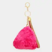 Fashionable Furry Triangle Zip Coin Purse Keychain With Wrist Strap / Bag Charm