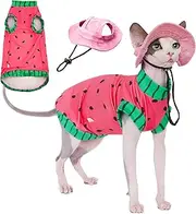 Sphynx Cat Watermelon Shirt &Sun Hat for Summer, Cooling Breathable UPF 50+ Shirt for Cats & Small Dogs Apparel, Shirt and Hat Set for Cats (XS(2lbs))