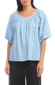 Karen Kane Embroidered Cotton Button-Up Peasant Top in Lake at Nordstrom, Size X-Small