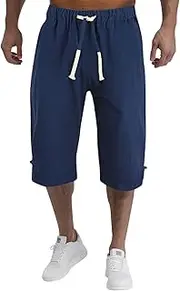[Generic] Men's Cotton Linen Capri Pants Summer Straight Leg Casual Pants Drawstring Elastic Waist Lightweight Beach Trousers