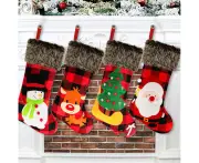 Christmas Stockings 4 Pack, 18" Plaid Xmas Stockings, Burlap Plaid Style With Santa Snowman Reindeer And Christmas Tree, Plush