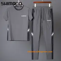 在飛比找蝦皮購物優惠-Shimano釣魚夏季男士休閒運動套裝t恤+褲子兩件套薄款速
