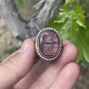 Beautiful Ancient Agate Stone Amazing Engravings Rare Solid Silver Ring