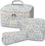 Epzia Makeup Bag, Large Quilted Cosmetic Bag, Big Floral Make Up Bag for Women Girls, Cute Cotton Makeup Bag Set, Flower Travel Toiletry Organizer Bag Makeup Bags