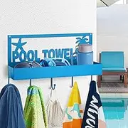 Pool Towel Rack - 2-in-1 Outdoor Poolside Beach Washcloth Drying Rack Holder, Wall Mounted Metal Hooks Decor for Bath Towel Storage, Robe Swimsuit, Coat, Bags, Phone, Keys - Blue