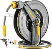 Double Arm Air Hose Reel 50 Ft Retractable, 1/2 in Hybrid Hose Heavy Duty Steel