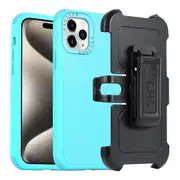 For iPhone 15 Plus Rugged Protective Cover TPU+PC Belt Clip Kickstand Phone Case+Sky Blue