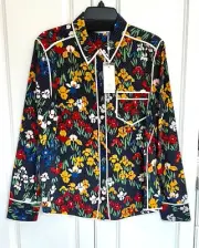 NWT Tory Burch size 12 Tory navy iris garden ivory piped silk Jackie top $288