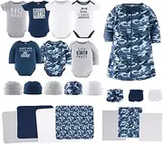 [The Peanutshell] Newborn Layette Gift Set for Baby Boys - 23 Piece Newborn Boy Clothes & Accessories Set - Fits Newborns to 3 Months - Blue Camo, Blue, White, Grey, Small