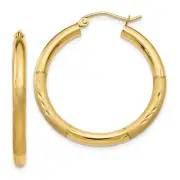 14k Yellow Gold Satin and Diamond-cut 3mm Round Hoop Earrings 2.17g, L-30mm