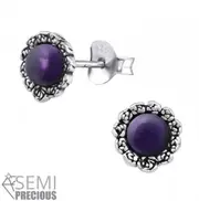Silver Flower Earrings with Geniune Amethyst Stone