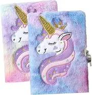 Angoily 2Pcs Fluffy Plush Diary Cover with Lock Adorable Notepad for Lovely Daily Use Notebook Gradient present for Teens