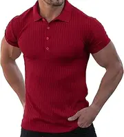 [Aosufei] Men's Short Sleeve Ribbed Fashion Polo Shirt Casual Lightweight Polo Tee Shirts Button Golf Summer Polo Shirts, Red1, Large
