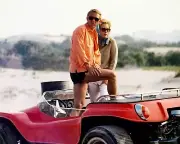 Thomas Crown Affair Steve McQueen Faye Dunaway stand in dune buggy 24x36 poster