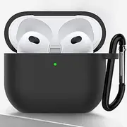 Silicone Case Compatible with AirPods 3 Case Cover (2021), MH MOIHSING Protective Case with Hook, Portable Hard Case Supports Wireless Charging, Shockproof Protection, Front LED Visible - Black