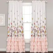[Lush Decor] Flutter Butterfly Curtains | Ruffle Print Design Window Panel Set for Living, Dining, Bedroom (Pair), 84” x 52”, Pink