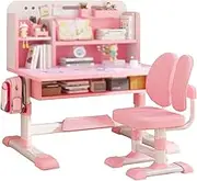 Kids Desk and Chair Set, Height Adjustable Student Desk, Children Study Table with Storage Rack, Suitable for Reading, Drawing and Learning (Color : Pink)