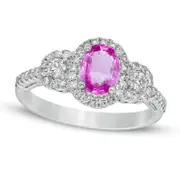 Oval Pink Sapphire and 0.38 CT. T.W. Natural Diamond Frame Three Stone Ring in Solid 14K White Gold