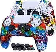 [2 Pack] Jusy PS5 Controller Soft Silicone Skin, Sweat-Proof Anti-Slip Case Cover Protective Accessories Set, Dust-Proof Skin for PS5 DualSense Controller, with 10 Thumb Grips (Graffiti)