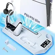 Bouncy PS5 Kühlständer mit RGB-Licht & Dual Lüftern, Vertikale Basis für PS5 Disc/Digital, 3-stufiges Kühlsystem, Dual-Controller-Ladestation, Headset-Halter & USB-Hub für Gamer