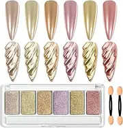 MIZHSE Solid Chrome Nail Powder 6 Color Palette, Metallic Mirror Powder Nail Art Manicure Kit, Rose Gold Purple Glossy Pigment Glitter(6 in 1)