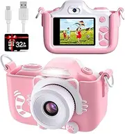 BlueFire 16MP HD Digital Camera for Kids, 2in IPS Screen Children Selfie Camera with Cartoon Silicone Cover & 32GB SD Card, Christmas/Birthday 4-11 Year Old Boys & Girls(Pink)