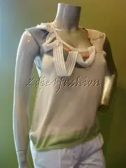 $750 New PRINGLE Tan Gray Cream Pink White Silk Applique Weave Stretchy Top L