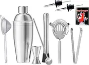 Cocktail Shaker Set of 9 Barware Kit, Geecol 18 oz Stainless Steel Martini Shaker with Built-in Strainer, Mesh Strainer, Muddler, Double Jigger, Mixing Spoon, Ice Tongs, High Density Strainer, Pourers