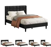 ALFORDSON Bed Frame Base Double Size, Bed Platform Foundation with PU Leather Upholstered Headboard for Mattress Topper, Sarah Black
