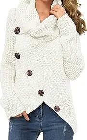 GRECERELLE Women's Chunky Jumpers Knit Winter Warm Jumper Turtle Neck Wrap Asymmetric Hem Sweater Tops with Button for Ladies